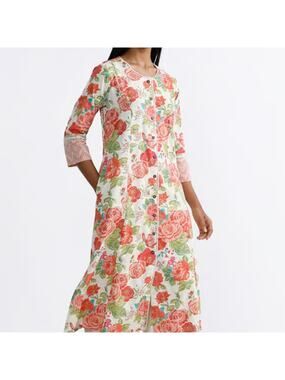 Utsa Westside Floral Kurta Cottagecore Tunic Dress Women's Medium Orange
